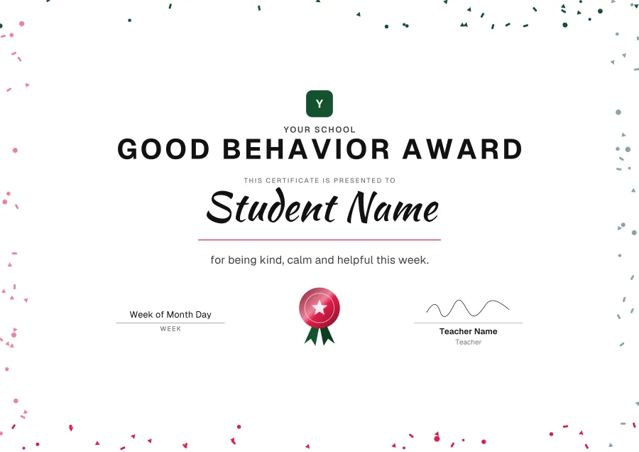 Good Behavior Award certificate template for Word: Confetti design