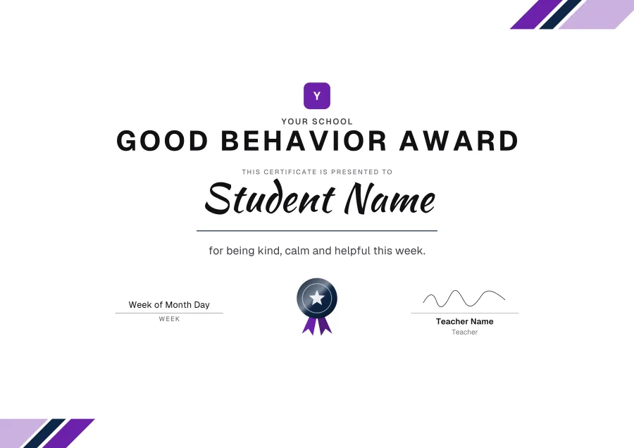 Good Behavior Award certificate template for Word: Event design