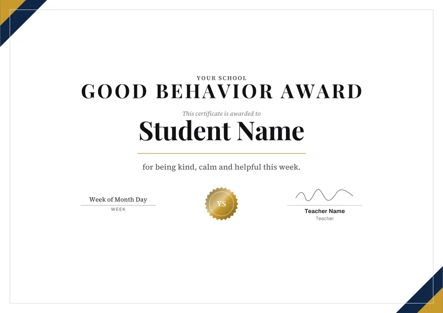 Good Behavior Award certificate template for Word: Gold star design