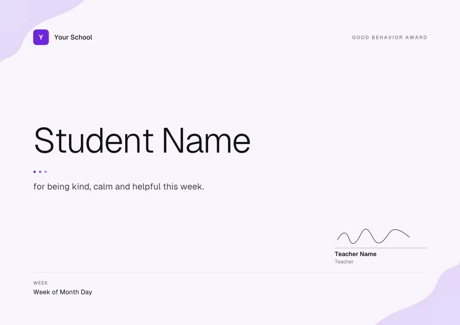 Good Behavior Award certificate template for Word: Lavender design