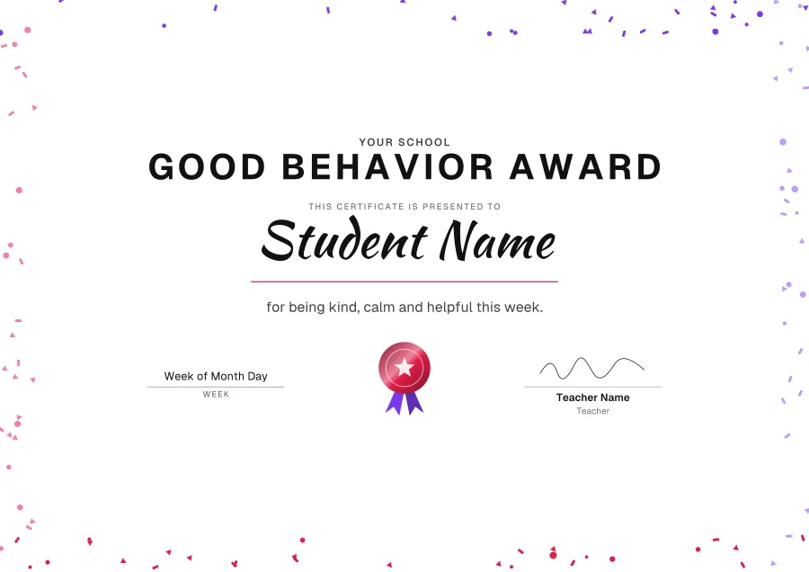 Good Behavior Award certificate template for Word: Party design