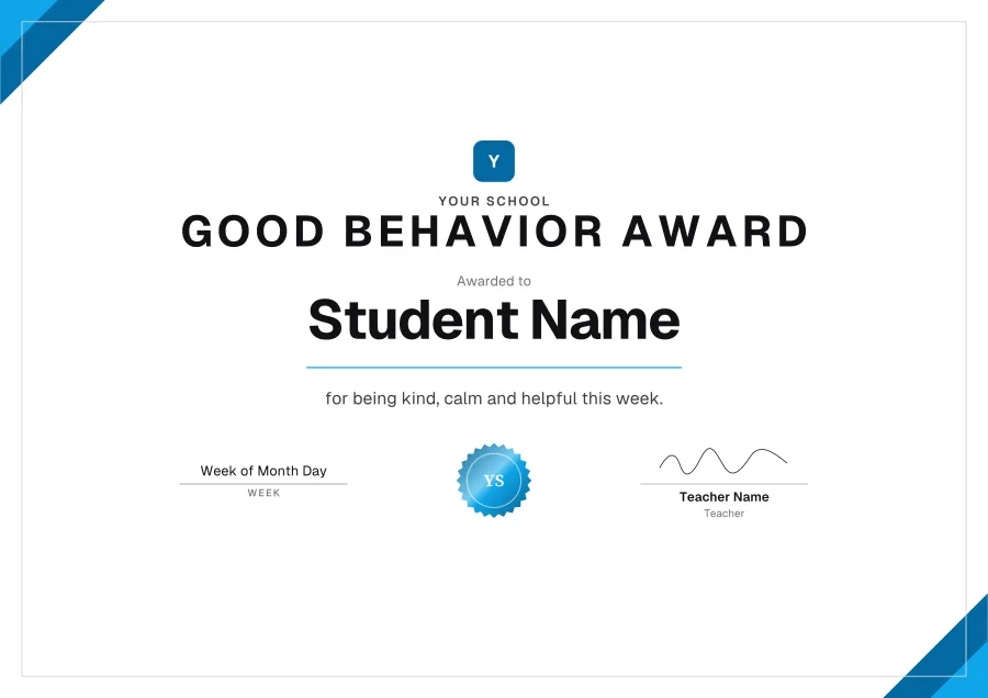 Good Behavior Award certificate template for Word: Sky corners design