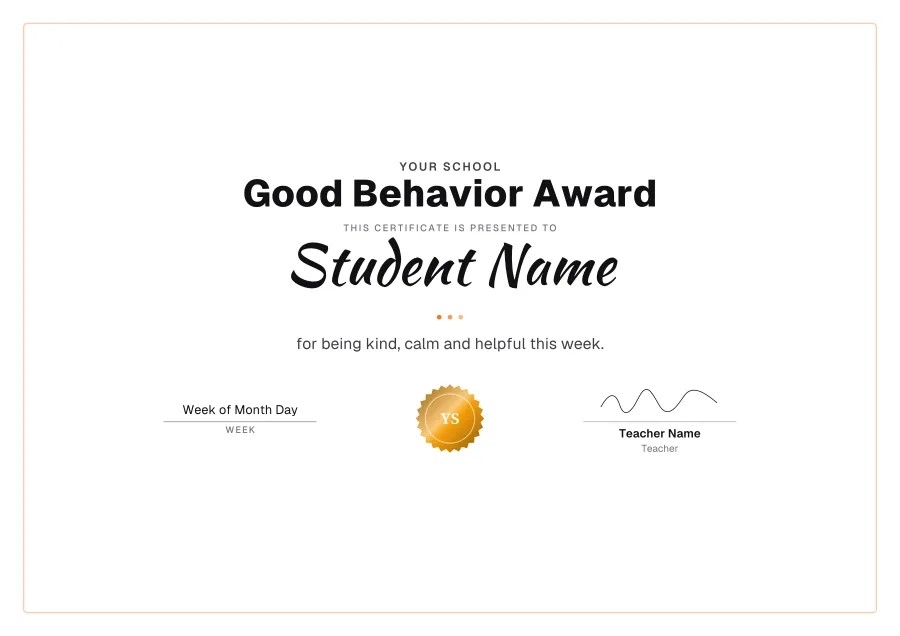 Good Behavior Award certificate template for Word: Sunshine design