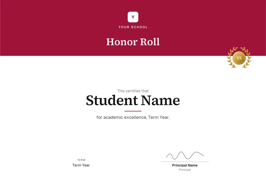 Honor Roll certificate template for Word: Crimson banner design