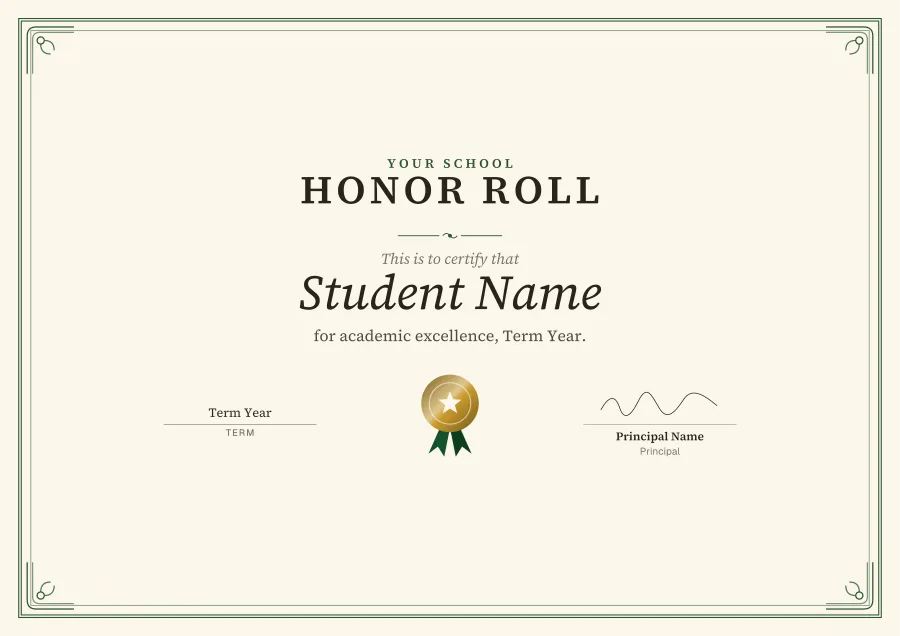 Honor Roll certificate template for Word: Emerald scroll design