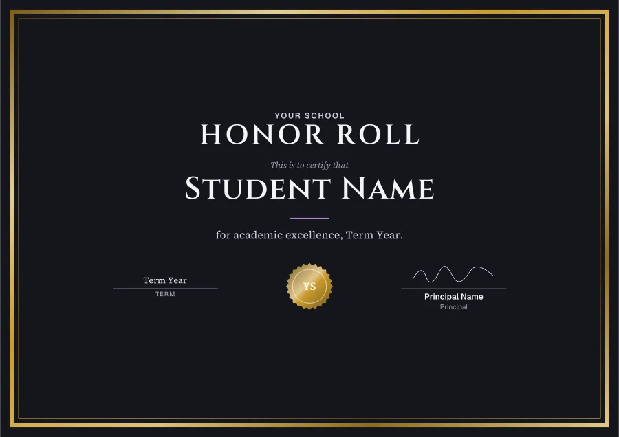 Honor Roll certificate template for Word: Night and gold design