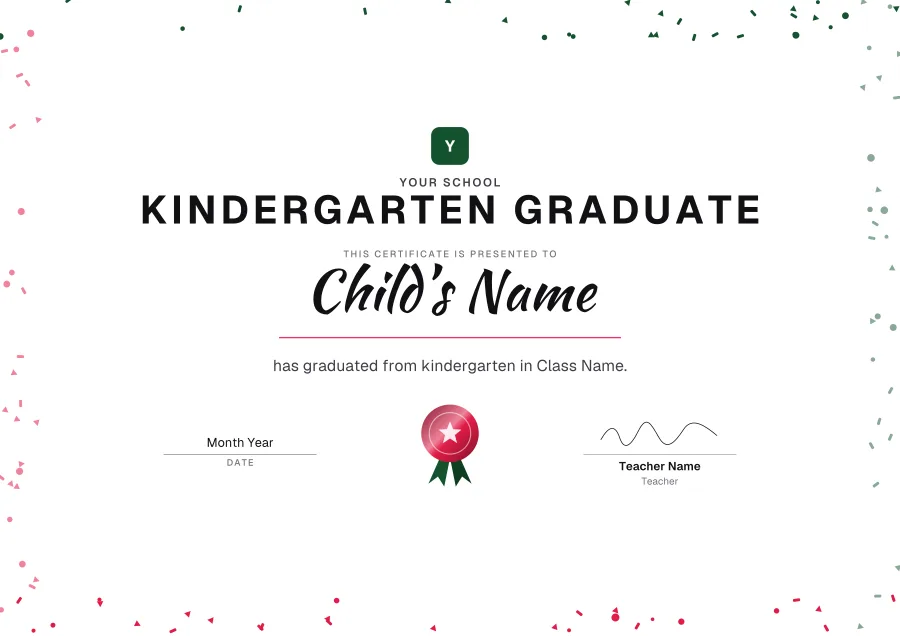 Kindergarten Graduate certificate template for Word: Confetti design