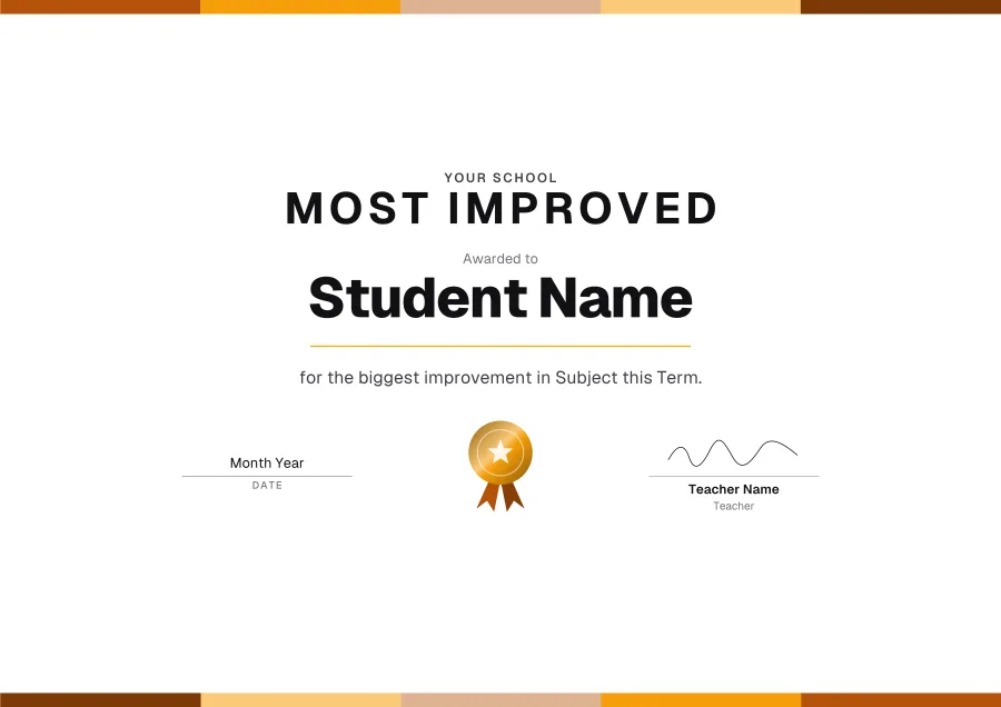 Most Improved certificate template for Word: Celebration design