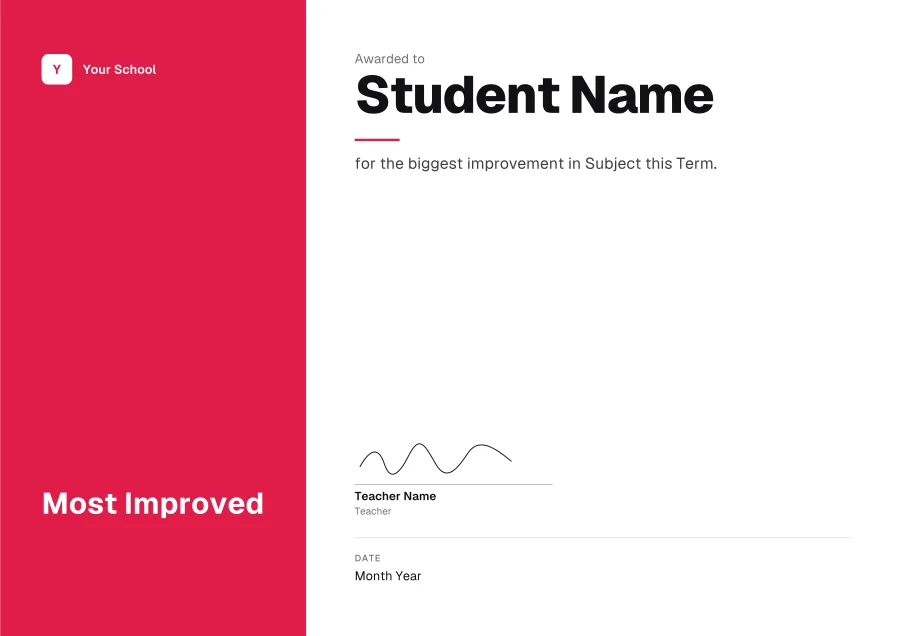 Most Improved certificate template for Word: Coral panel design