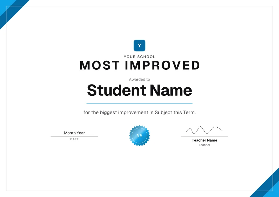 Most Improved certificate template for Word: Sky corners design