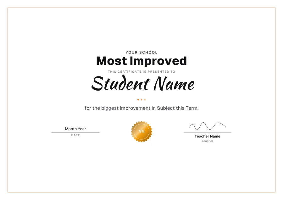 Most Improved certificate template for Word: Sunshine design