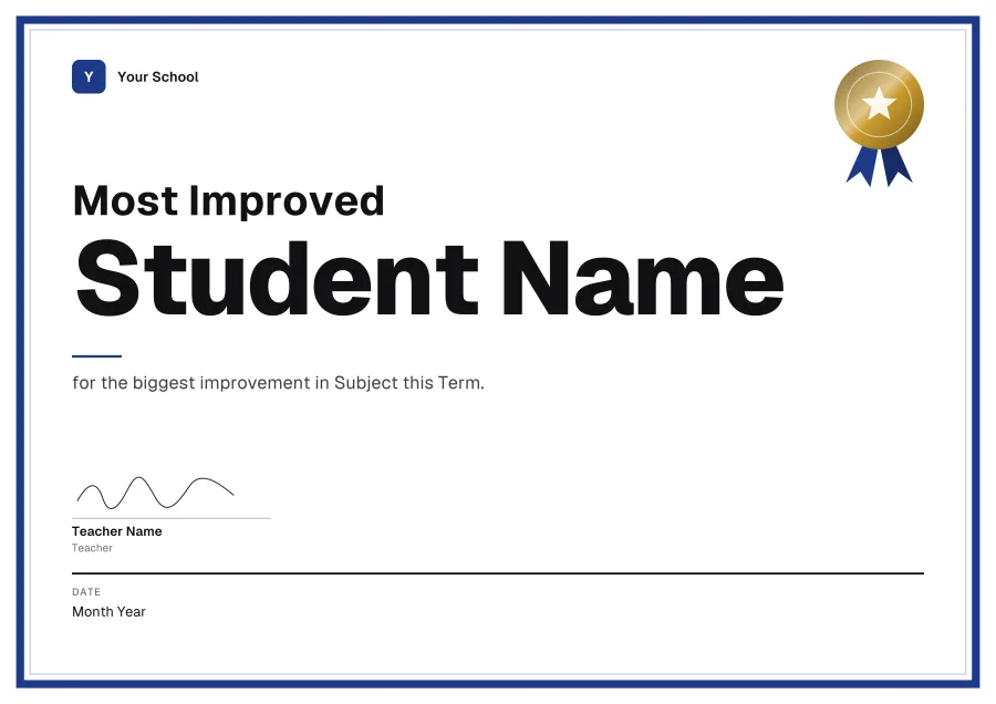 Most Improved certificate template for Word: Varsity design