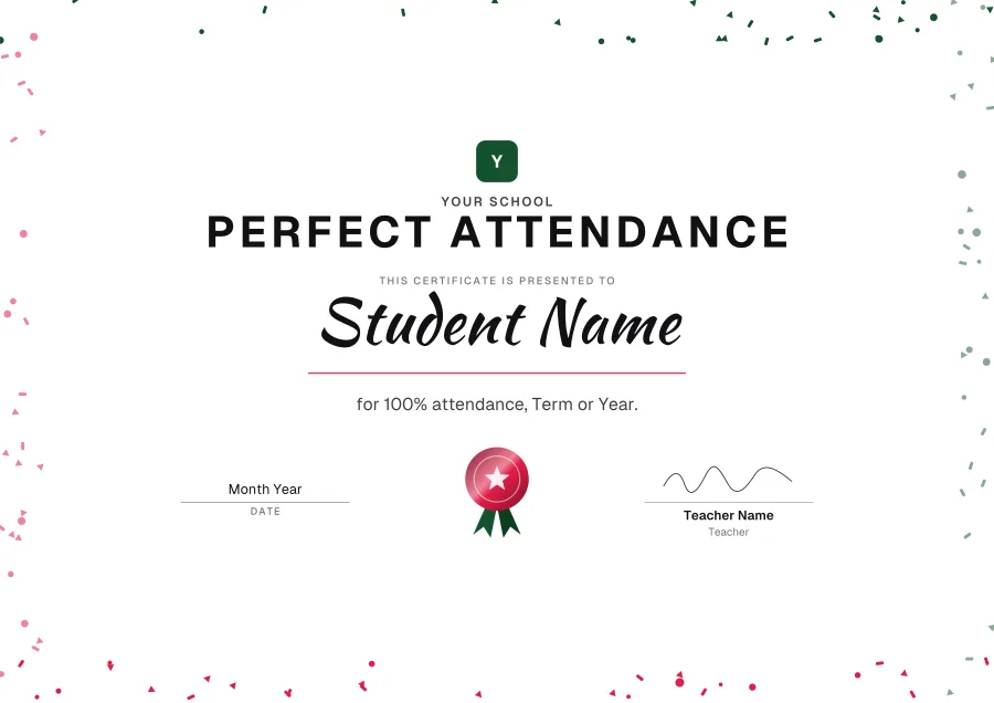 Perfect Attendance certificate template for Word: Confetti design