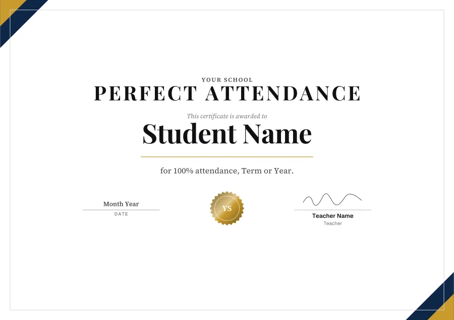 Perfect Attendance certificate template for Word: Gold star design