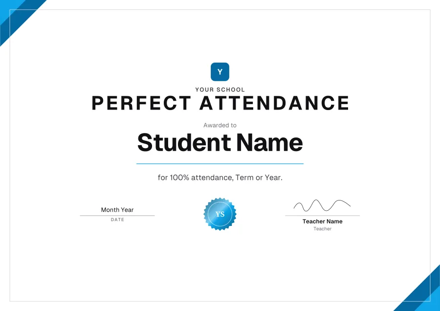 Perfect Attendance certificate template for Word: Sky corners design