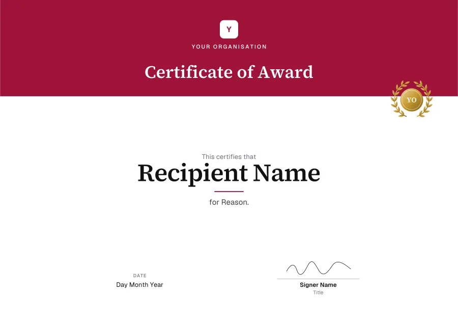 Certificate of Award certificate template for Word: Crimson banner design