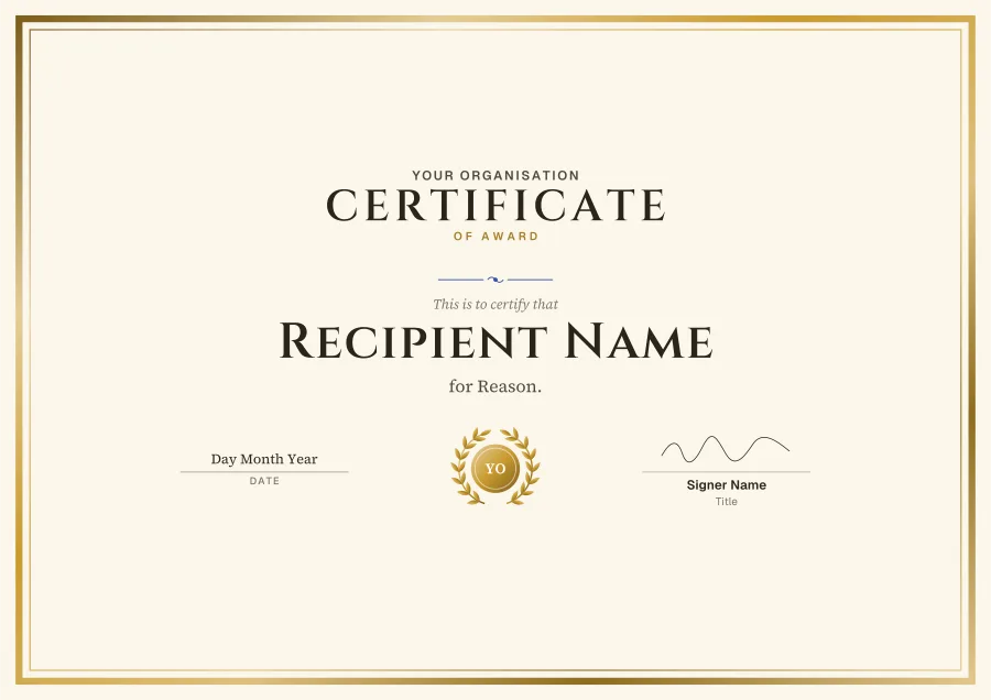 Certificate of Award certificate template for Word: Gold foil design