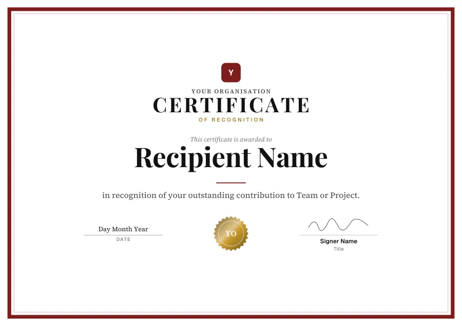 Certificate of Recognition certificate template for Word: Burgundy formal design