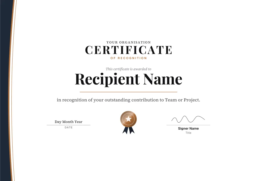 Certificate of Recognition certificate template for Word: Copper sweep design