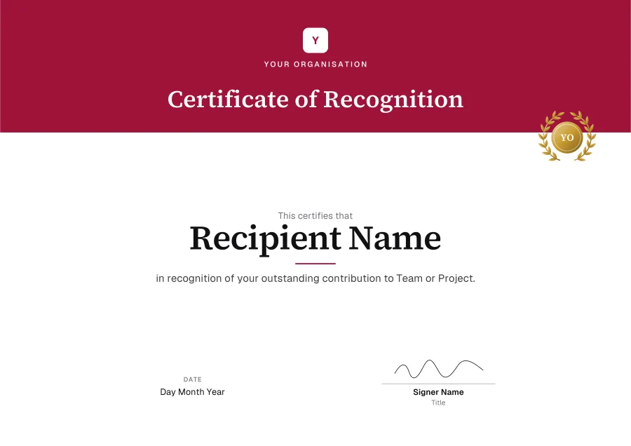 Certificate of Recognition certificate template for Word: Crimson banner design