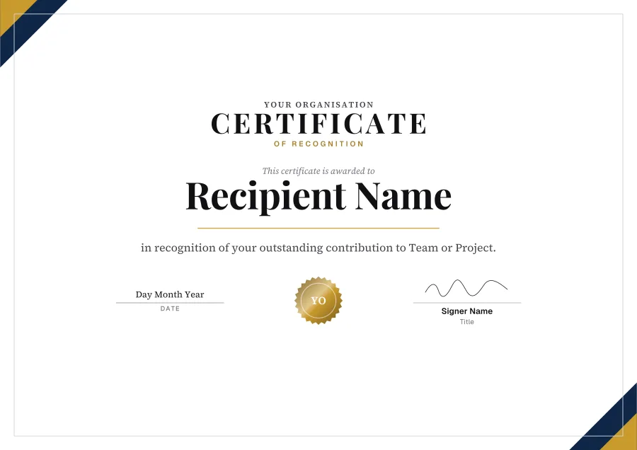 Certificate of Recognition certificate template for Word: Gold star design