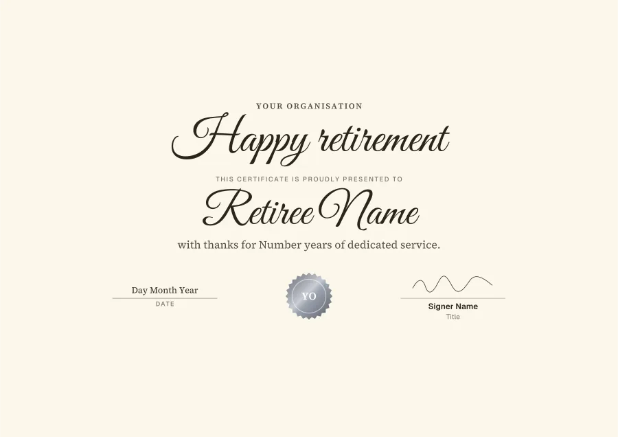 Happy Retirement certificate template for Word: Calligraphy design