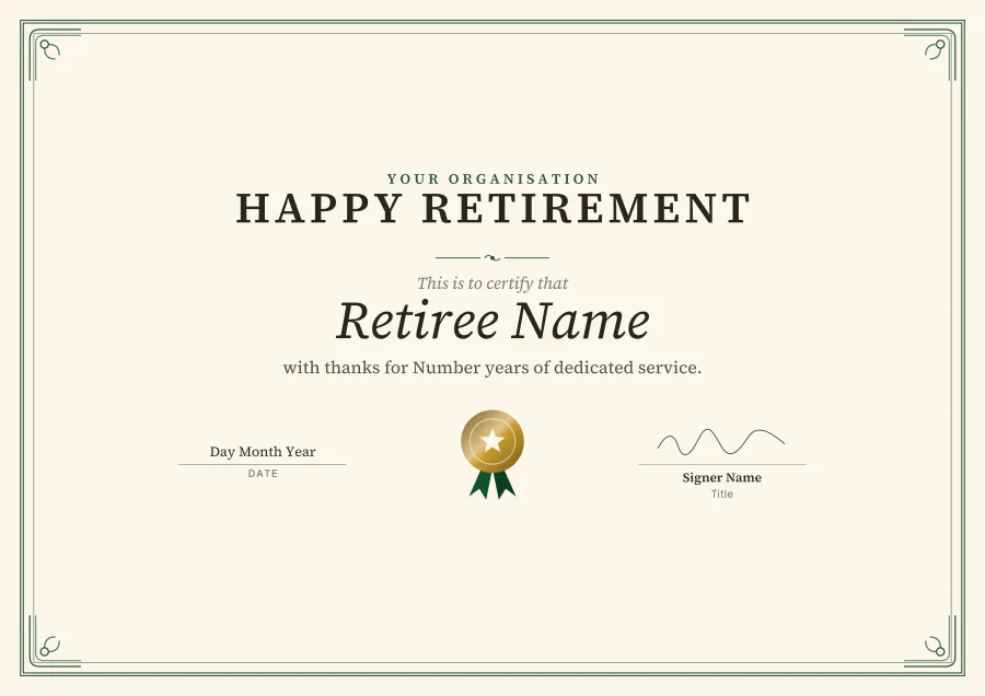 Happy Retirement certificate template for Word: Emerald scroll design