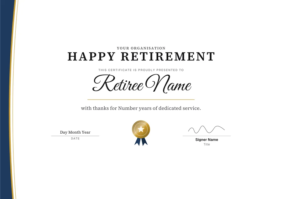 Happy Retirement certificate template for Word: Gold sweep design