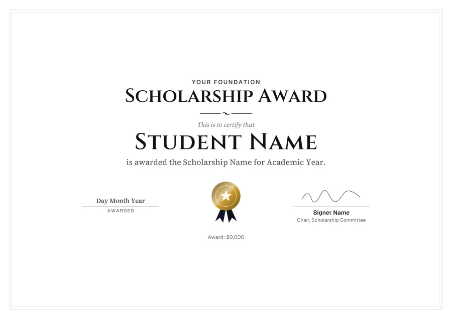 Scholarship Award certificate template for Word: Black tie design