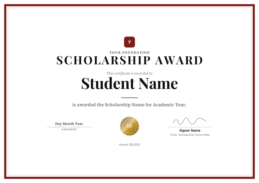 Scholarship Award certificate template for Word: Burgundy formal design