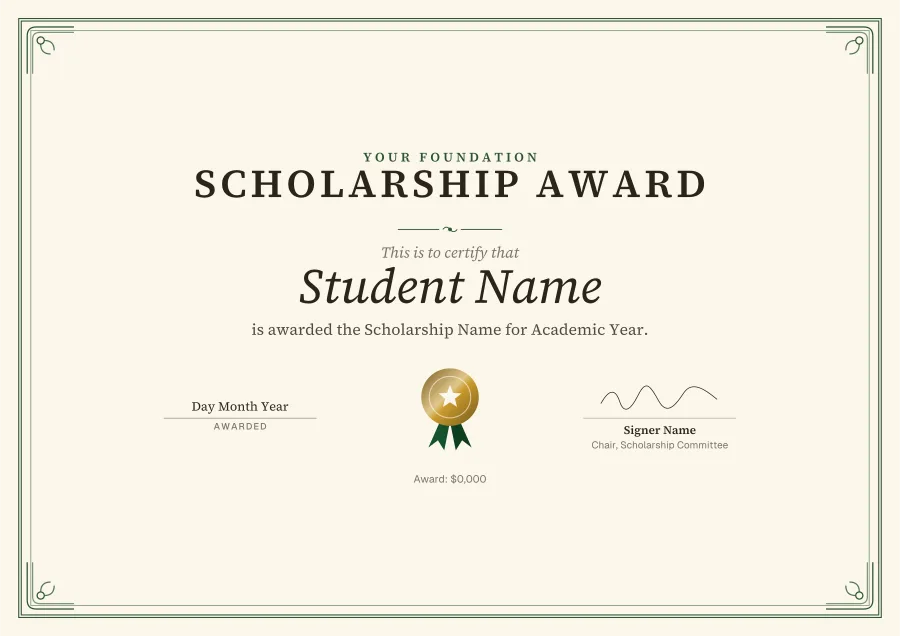 Scholarship Award certificate template for Word: Emerald scroll design