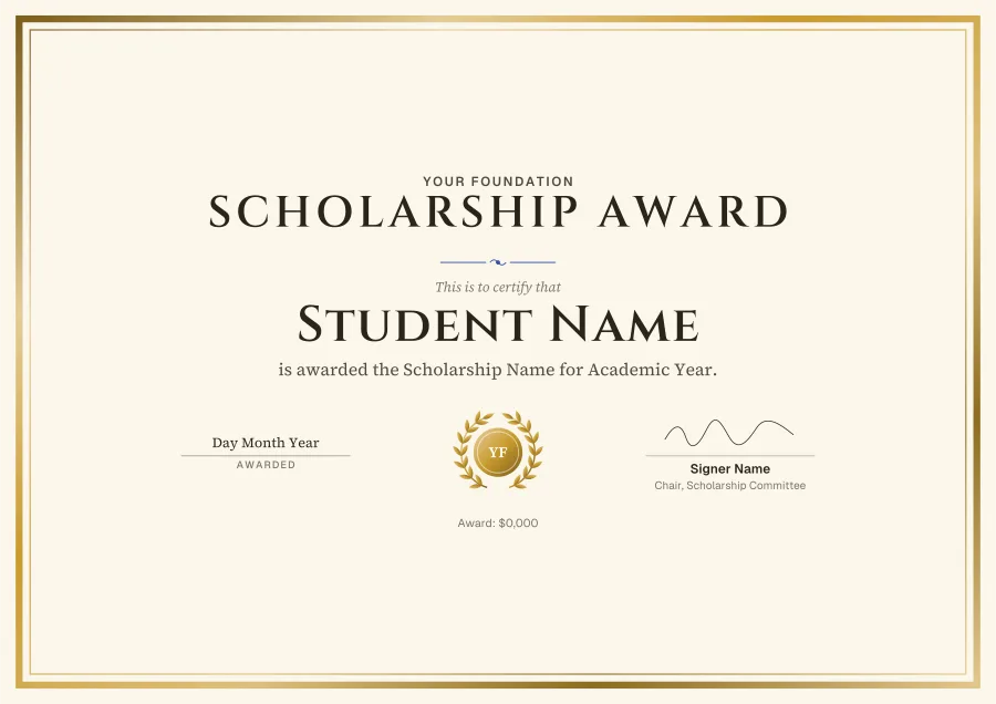 Scholarship Award certificate template for Word: Gold foil design