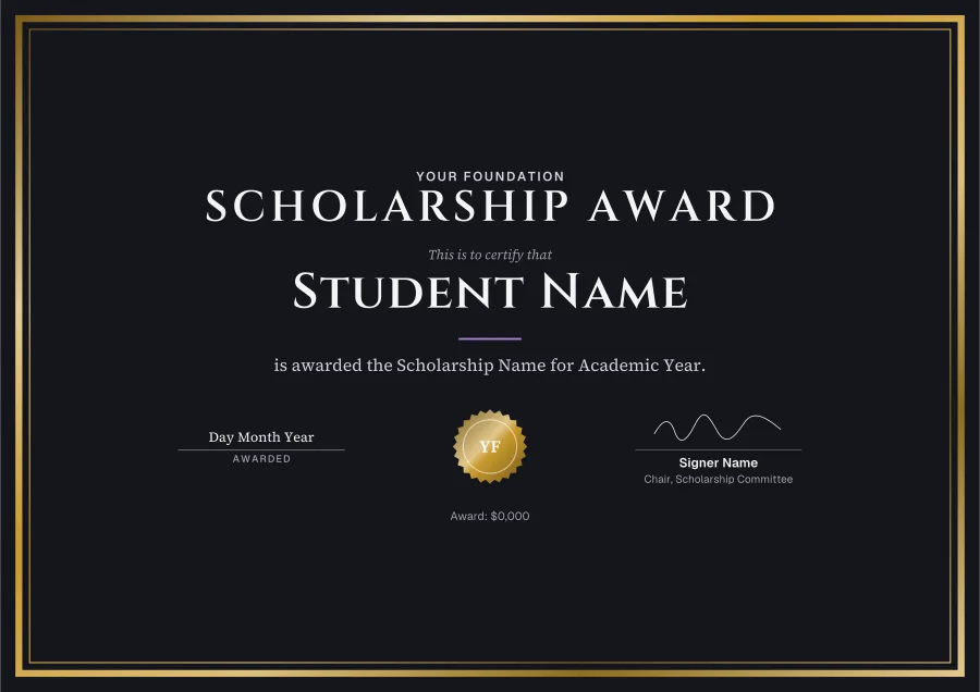 Scholarship Award certificate template for Word: Night and gold design
