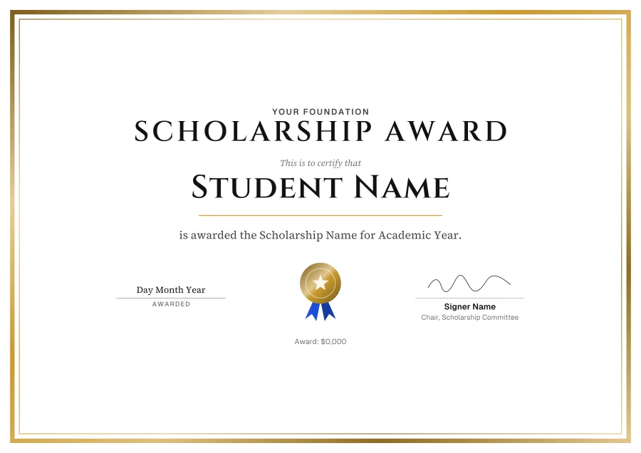 Scholarship Award certificate template for Word: Royal foil design