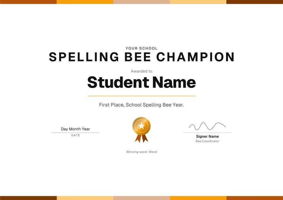 Spelling Bee Champion certificate template for Word: Celebration design