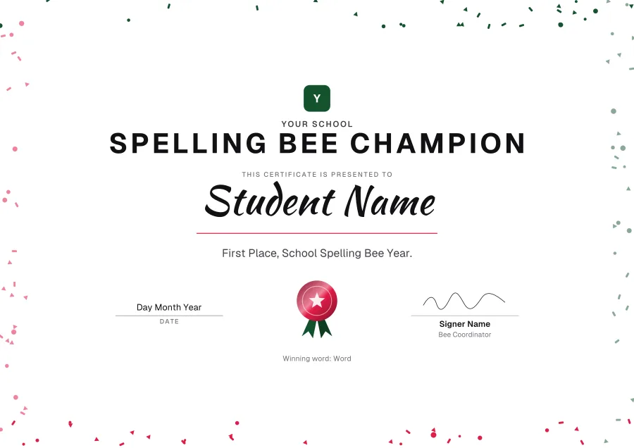 Spelling Bee Champion certificate template for Word: Confetti design