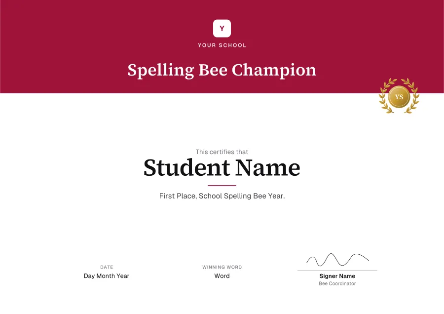 Spelling Bee Champion certificate template for Word: Crimson banner design