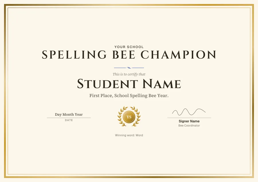 Spelling Bee Champion certificate template for Word: Gold foil design