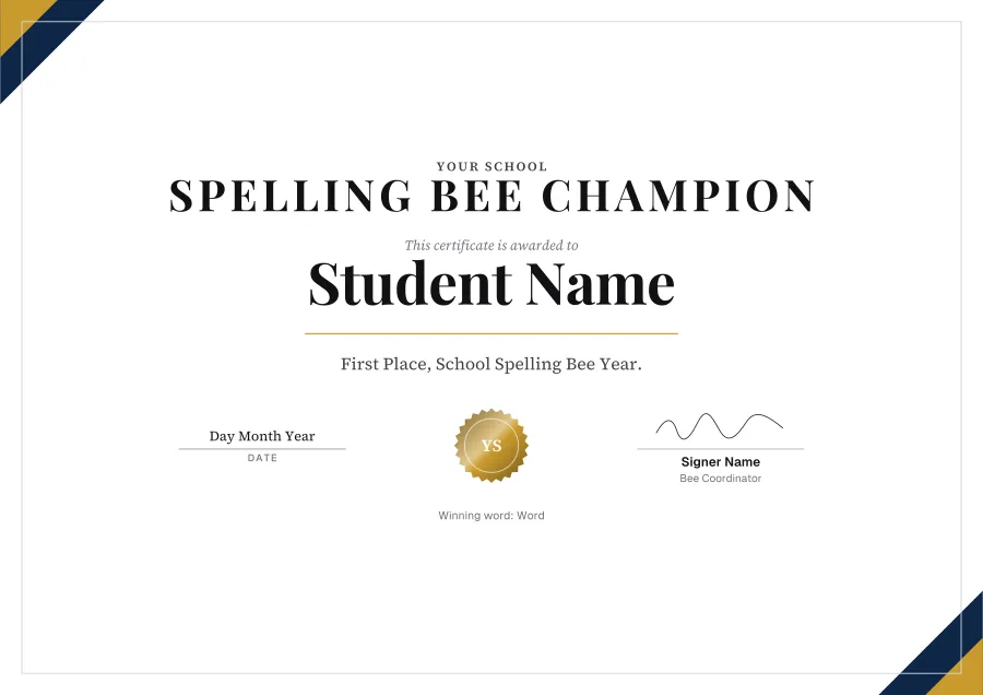Spelling bee certificate templates: Gold star