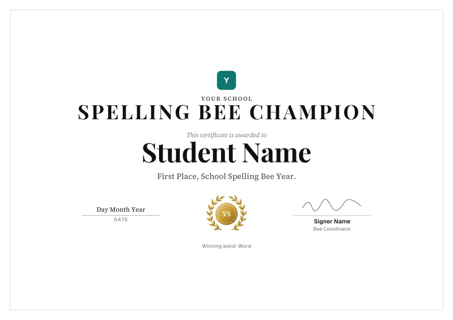 Spelling Bee Champion certificate template for Word: Laurel design