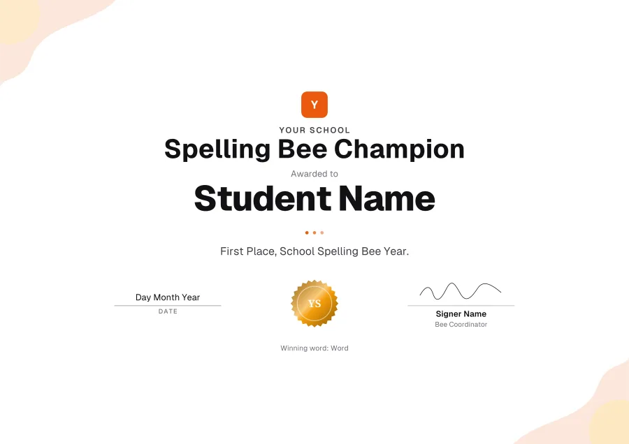 Spelling Bee Champion certificate template for Word: Sunrise design