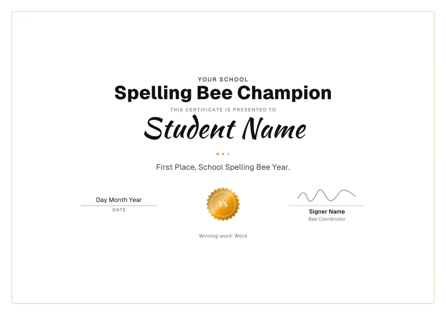 Spelling Bee Champion certificate template for Word: Sunshine design
