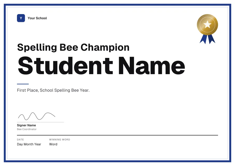 Spelling Bee Champion certificate template for Word: Varsity design