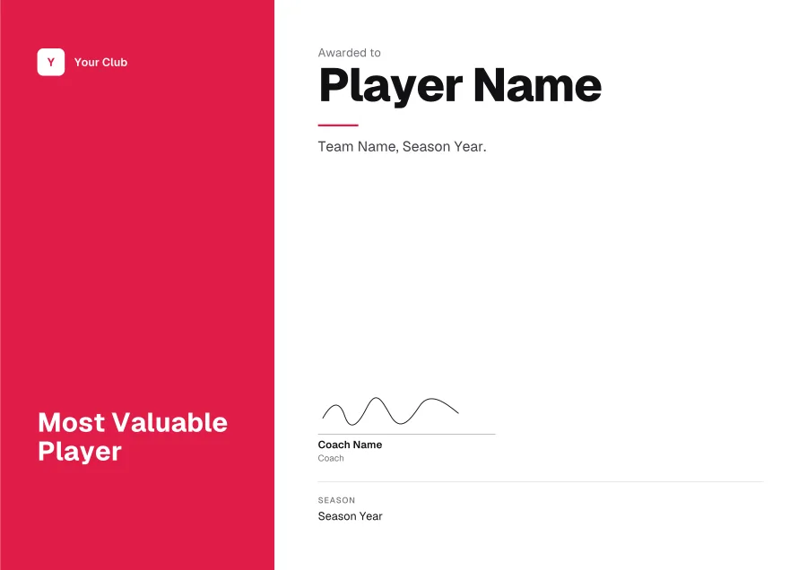 Most Valuable Player certificate template for Word: Coral panel design