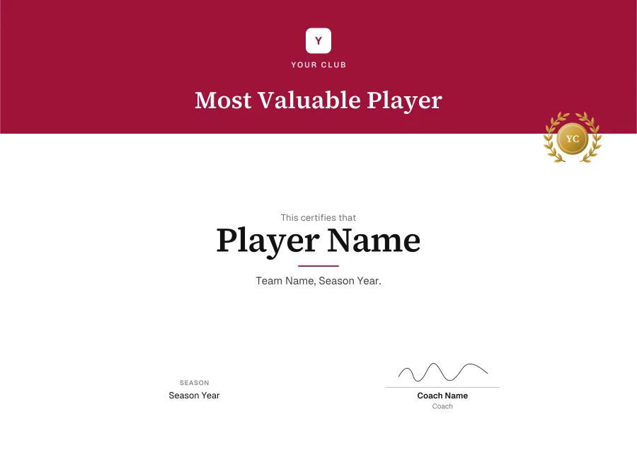 Most Valuable Player certificate template for Word: Crimson banner design
