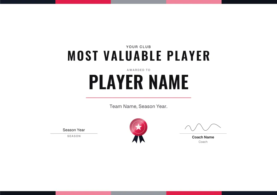 Most Valuable Player certificate template for Word: Ruby bars design