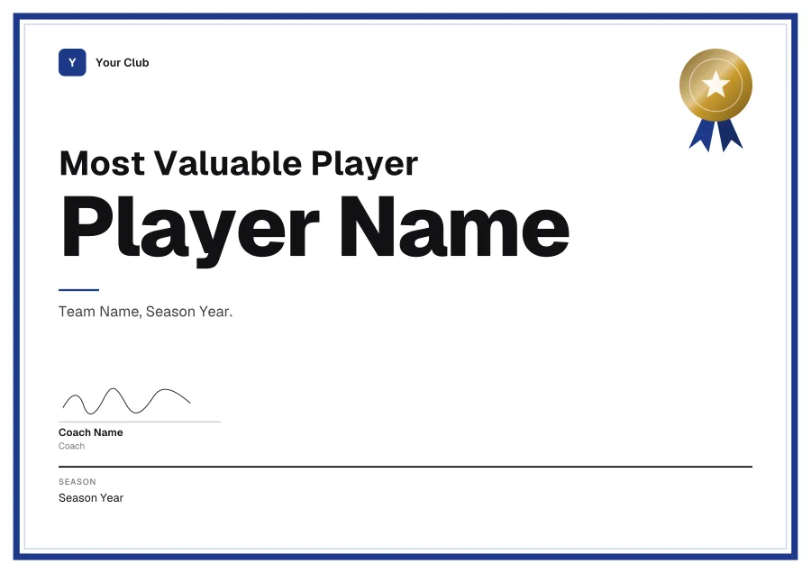 Most Valuable Player certificate template for Word: Varsity design