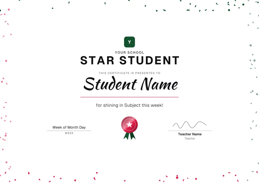 Star Student certificate template for Word: Confetti design