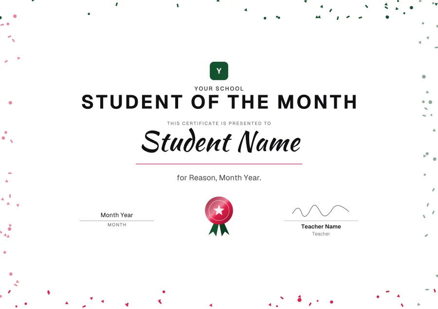 Student of the Month certificate template for Word: Confetti design