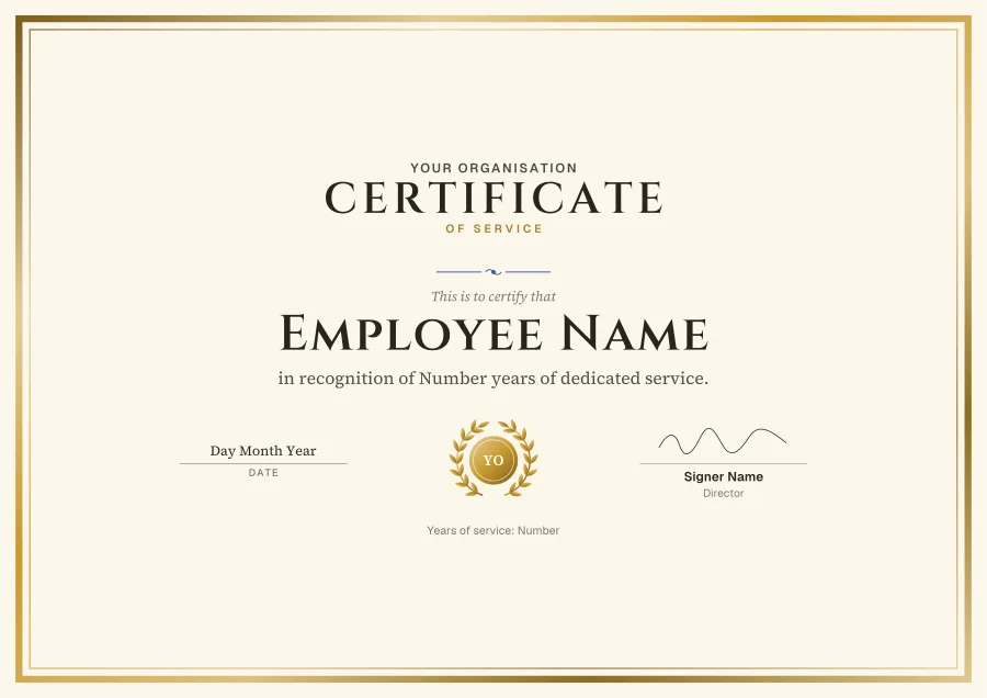 Certificate of Service certificate template for Word: Gold foil design